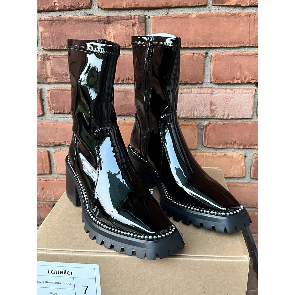 Lattelier Womens Black Shiny Leather Boots With Siver Rhinestone Size US 7 New